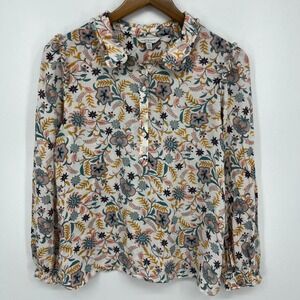 Lucky Brand Blouse Women's M‎ White Long Sleeve 1/4 Button Floral Boho